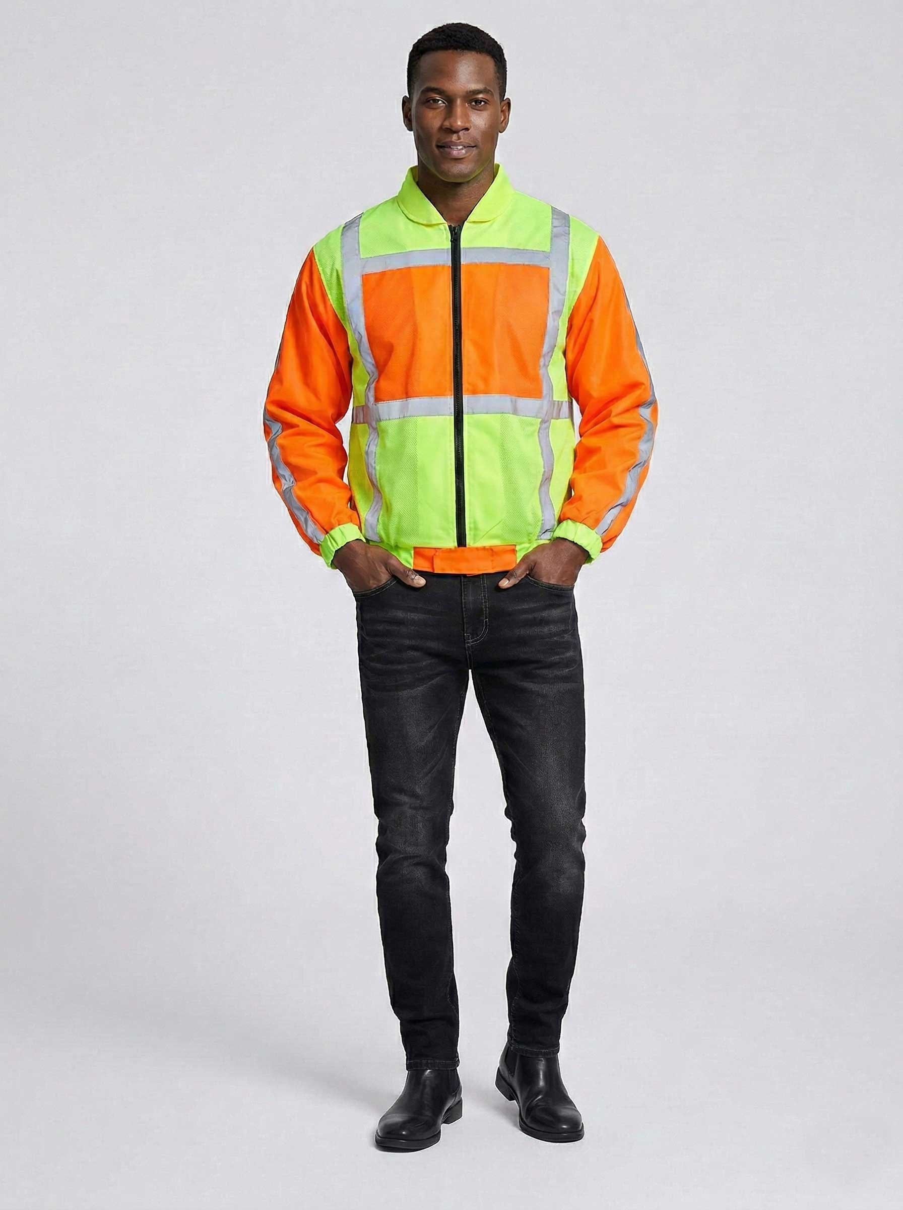 Lime & Orange 2-Tone Adult Long Sleeve Reflective Vest with Zip & ID Pocket